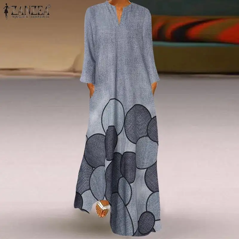 2023 ZANZEA Autumn Fashion Maxi Dress Women V Neck Long Sleeve Floral Printed Sundress Robe Femme Vintage Kaftan Vestidos Baggy