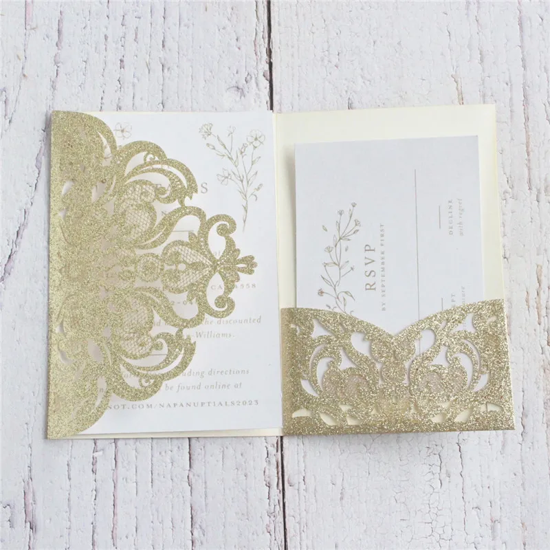 Glitter Laser Cut Invitation Card Tri-Fold Pocket Friends Invites RSVP Belly Custom Printing 50 Sets Per Lot