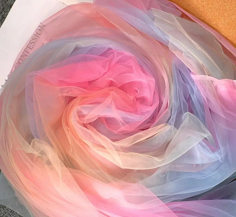 Colorful gradient rainbow soft mesh phantom mesh fabric design creative fashion background fabric Hanfu children\'s clothing fabr