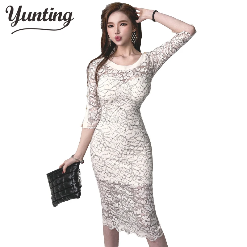 Korean Slim O-neck Occupation Work Vestidos Vintage Business Party Lace Dresses Bodycon Office Sheath Women Dress