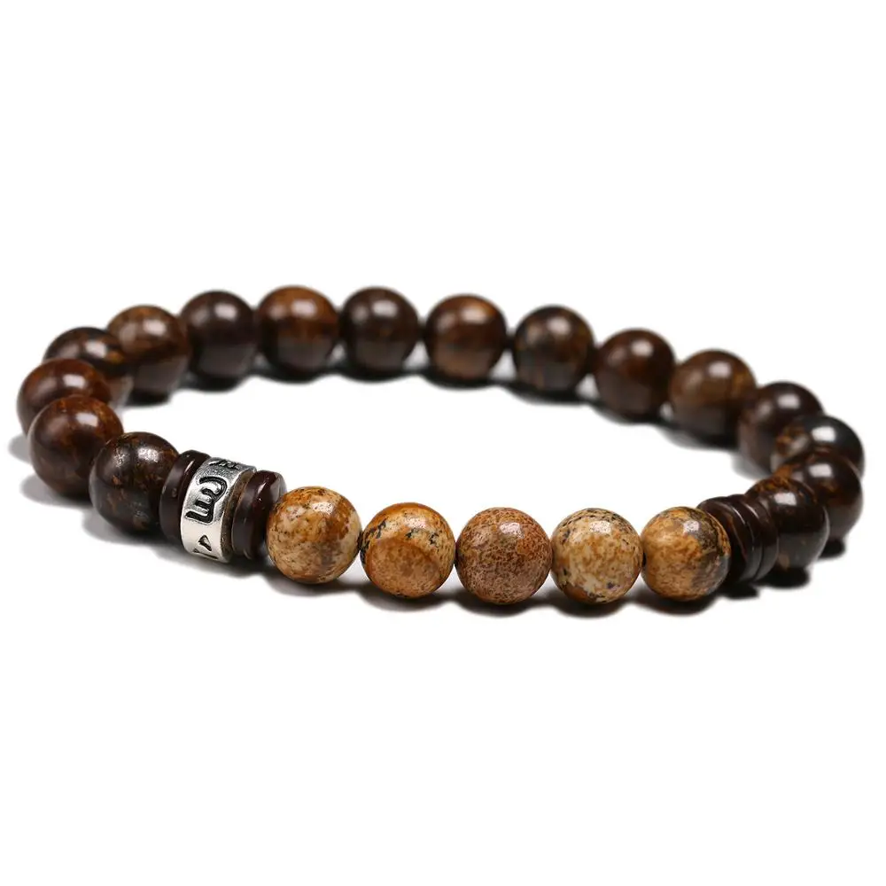 Tibetan Bracelets OM Mani Padme Hum Mala Yoga Bracelets For Men And Women 8 MM Natural Bronzite Stone Beads Coconut Shell