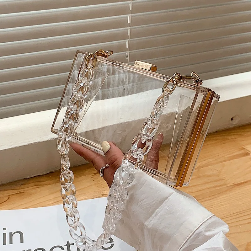 Acrylic Transparent Box Bag Tote Bag Long Acrylic Chain Shoulder Bag New High-quality PVC Women\'s Designer Bag Chain Square Bag