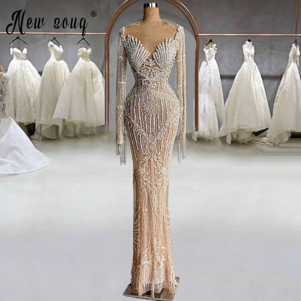 

Dubai Luxury Celebrity Dresses Full Handmade Beads Sparkly Mermaid Evening Gown For Women Long Sleeve De Soiree Custom Made