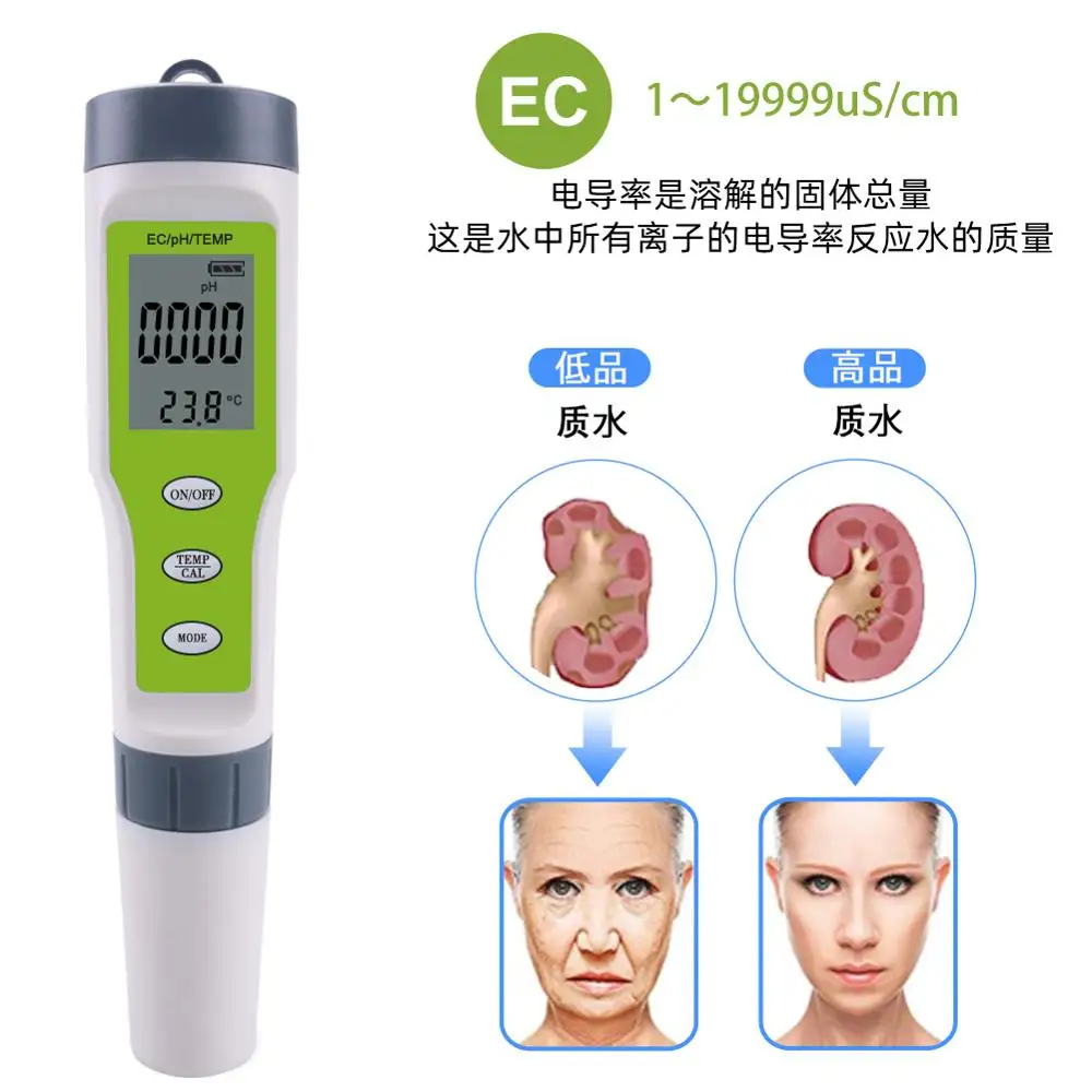Stylo de Test Portable 3 en 1 Ph/ec/temp, testeur de qualité de l'eau, pour piscine, maison