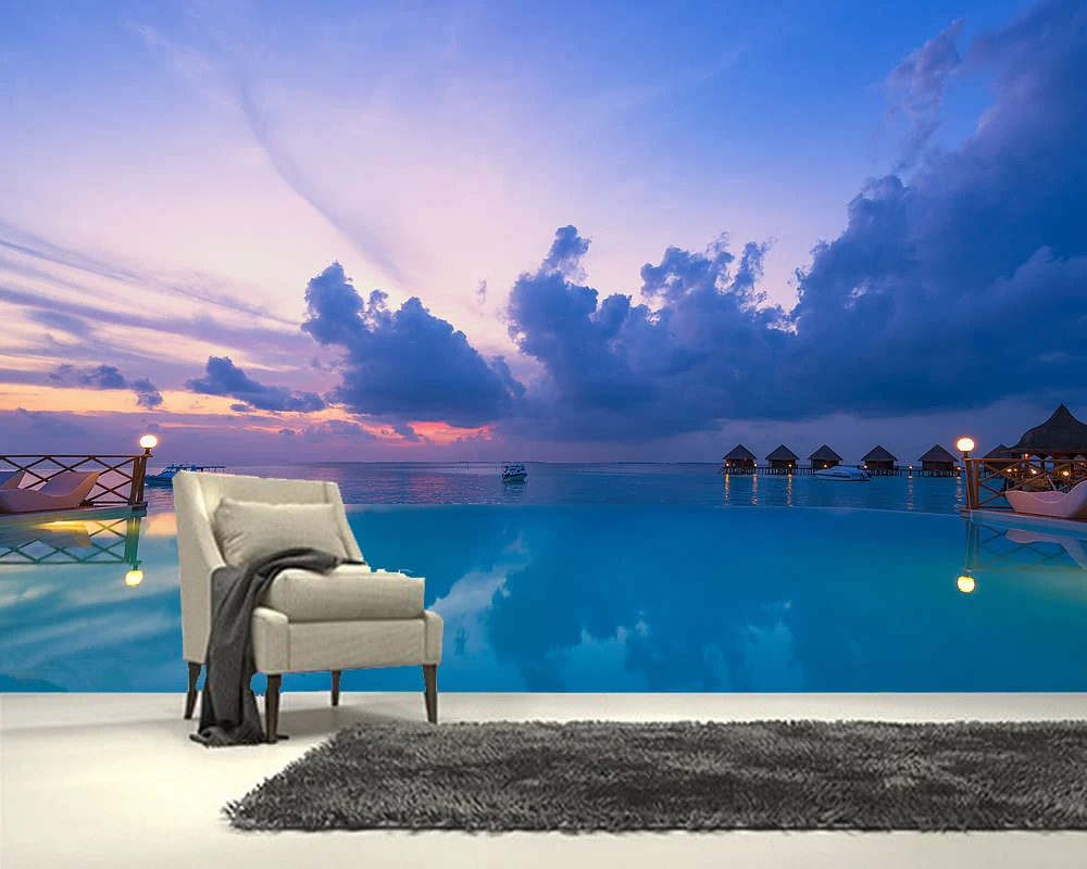 

Papel de parede Maldives Infinity Pool Morning Glory landscape 3d wallpaper,living room bedroom wall papers home decor mural