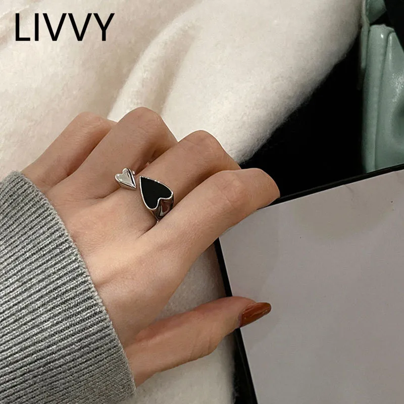 LIVVY Minimalist Silver Color Finger Rings for Women Fashion Creative Double Black LOVE Heart Elegant Party Jewelry Gifts