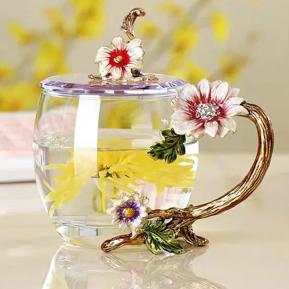 Enamel Tea mug High temperature resistance crystal Flower Tea set breakfast mug Drinkware afternoon Tea cup beautiful gift