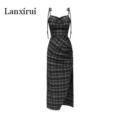 

Punk Gothic Women Summer Black Plaid Sexy Deep V-neck Dress Party Club Wear Dark Halter High Waist Split Dresses Elegant