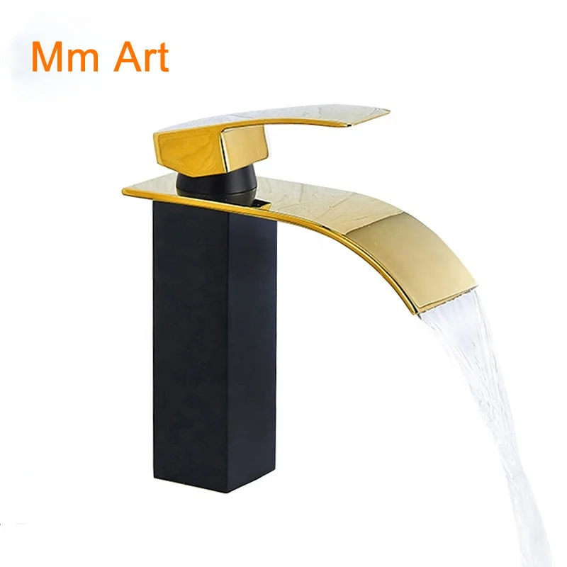 

Wholesale Factory Black paint and gold plated bathroom sink faucet deck mount waterfall basin cold hot water tap BF1102