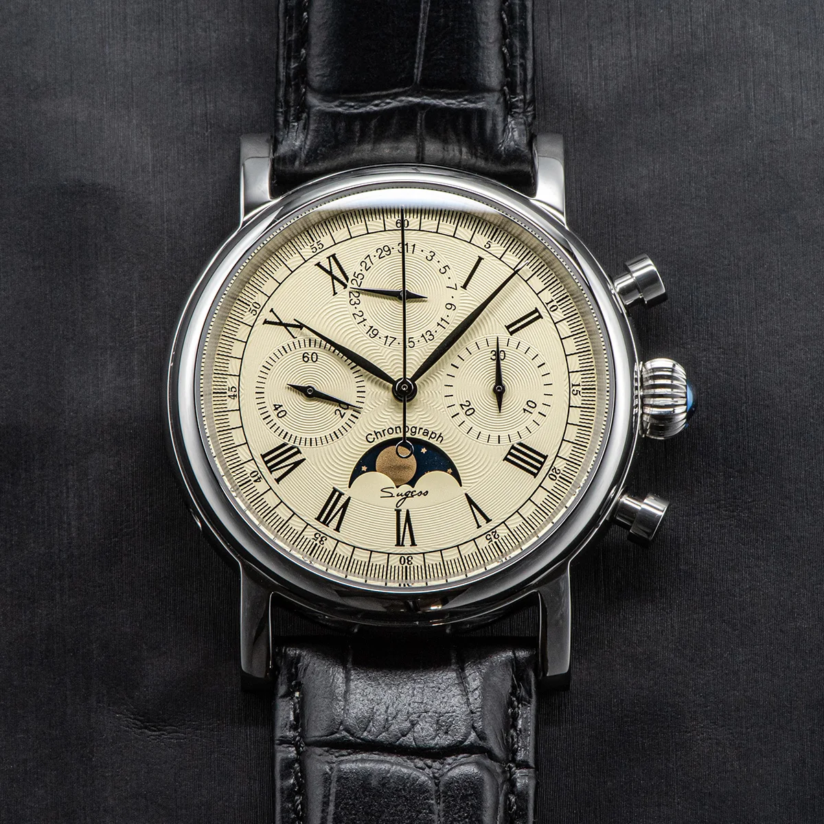 Sugess Pilot Chronograph Mechanical Watches Men Waterproof Original ST1908 Movement Moon Phase Calendar Wristwatch Swanneck 2022