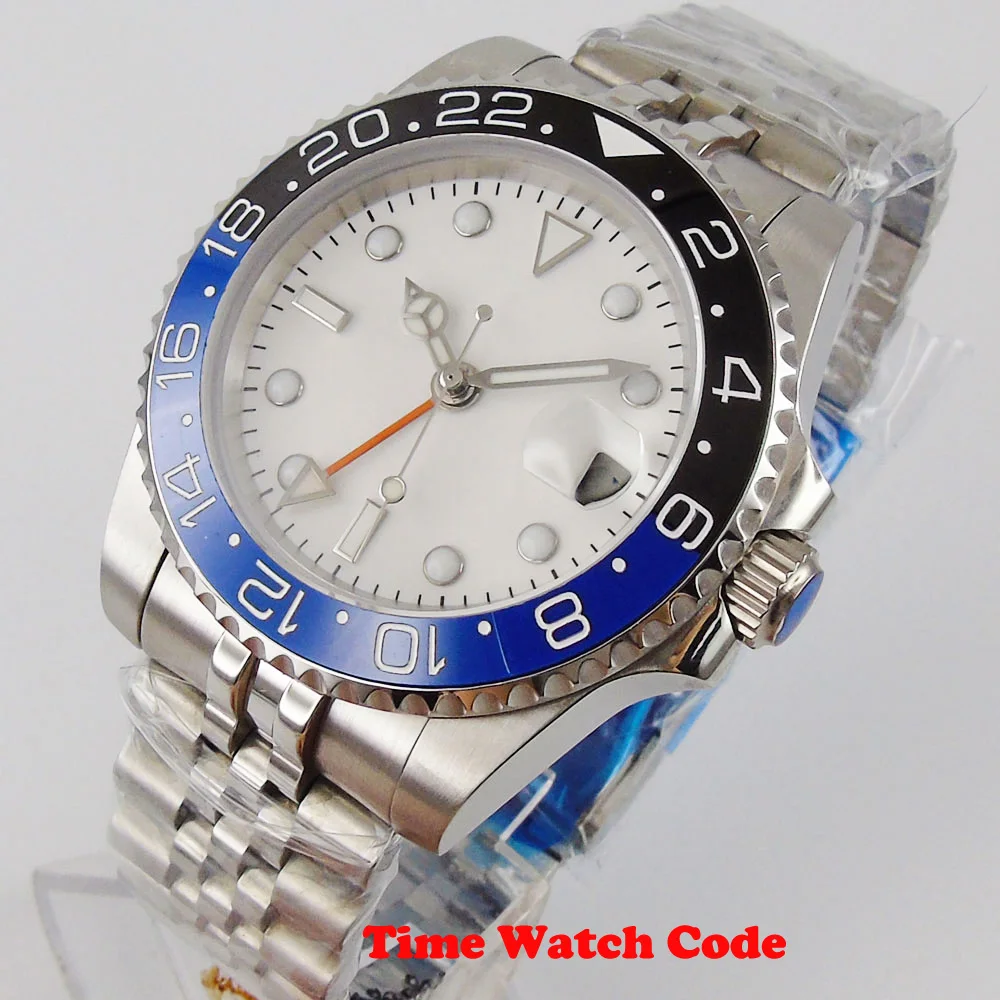 

40MM Men's Wristwatch Automatic Movement White sterile dial orange GMT Date Indicator solid Bracelet Spphire Glass Luminous