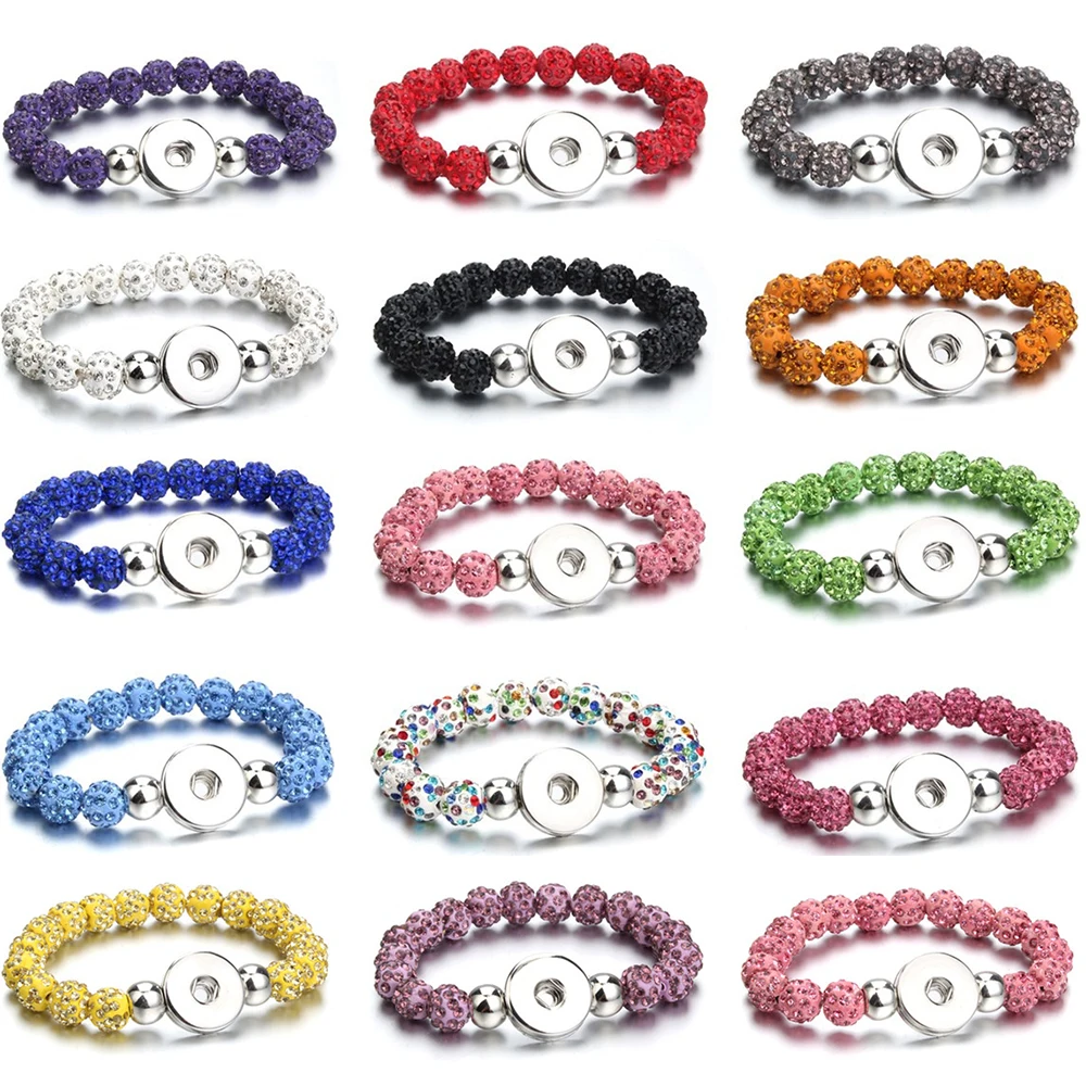 New Snap Jewelry Clay Crystal Snap Button Bracelet Handmade 10mm Beads Fit 18mm 20mm Snaps Button Bracelets For Women