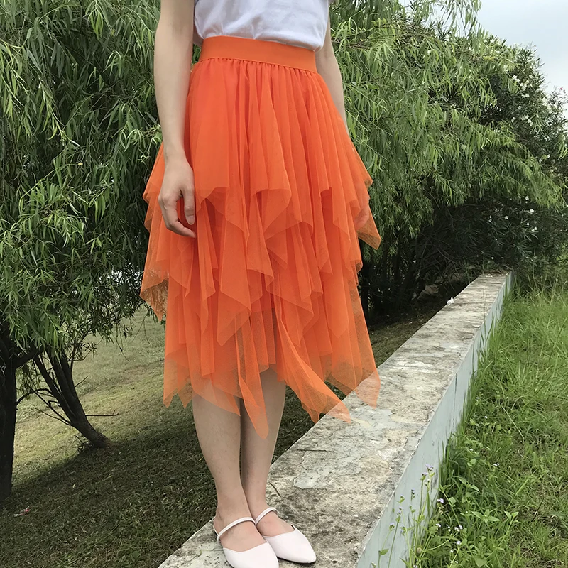 

Women's skirt tulle Faldas Mujer Moda 2020 Elastic High Waist Mesh Pleated Midi Tutu sexy short skirts for women fashion Orange