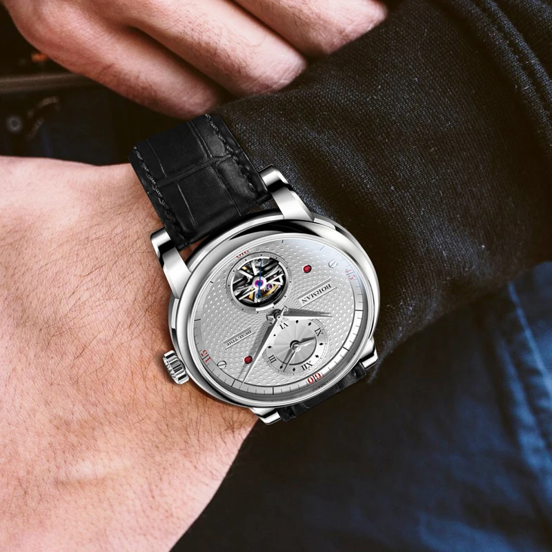 BORMAN doppio fuso orario scheletro orologi da uomo quadrante bianco vetro zaffiro impermeabile cinturino in vera pelle orologio meccanico automatico