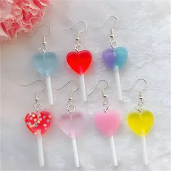 1Pair Cute Woman Drop Earrings Flatback Resin Heart Lollipops Multicolor Candy Fashion Jewelry For Girl