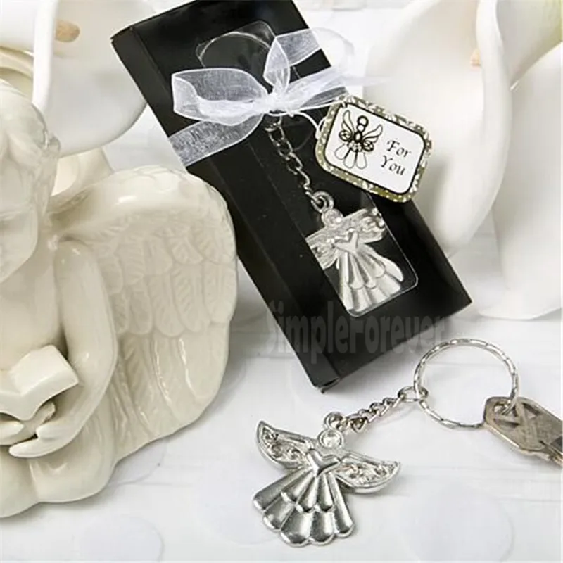 

100pcs/lot Cheap Wedding Party Souvenir Guardian Angel Key Ring Silver Keychain Baby Shower Favors