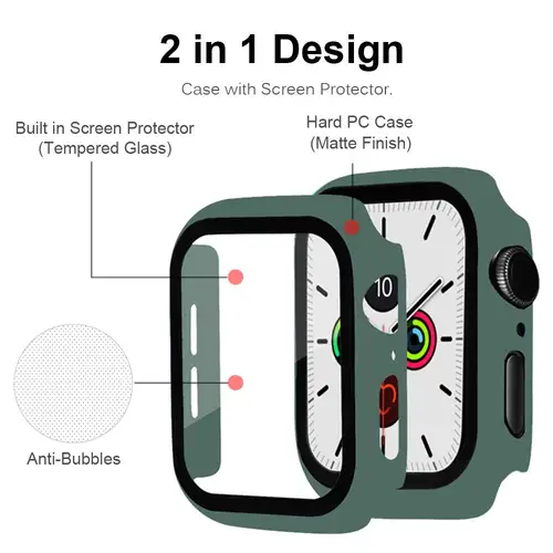 Imagen 2 del producto Cristal + funda para Apple Watch Series 7 6 5 4 3 SE 45mm 41mm 44mm 40mm 42mm/38 iWatch Protector de pantalla + cubierta accesorios para Apple Watch