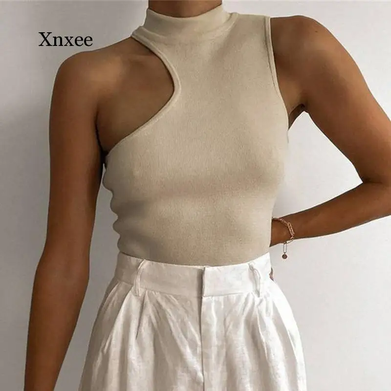 Summer Solid Chic Irregular Ribbed Turtleneck Knitted Cropped Tops Casual Off Shoulder Hollow Out Tank Women Sexy Vest