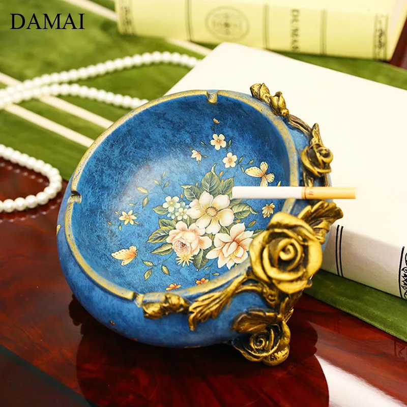 

Painted Flowers Ashtray Nordic Retro Resin Bule Rose Ash Tray Golden Stroke Blue Demon's Living Room Coffee Table Smoke Tray