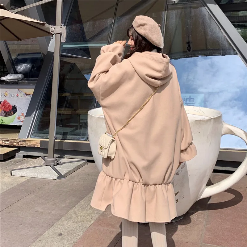Sweet Woolen coat 2020 autumn and winter new popular Korean loose mid-length hooded ruffled woolen coat women