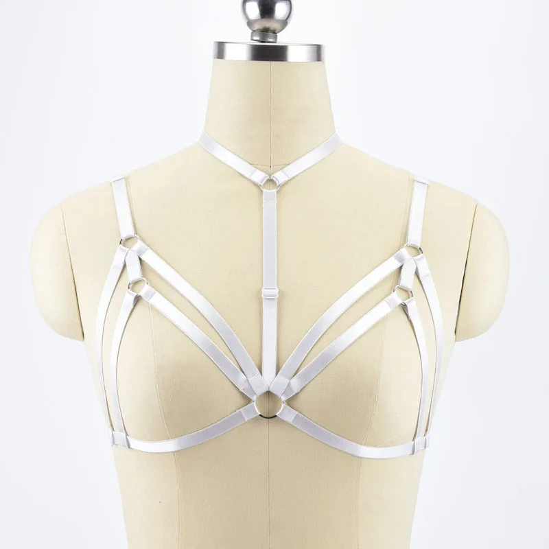 

Women White Elastic Fetish Body Harness Adjustable Bondage Lingerie Handmade Cupless Strappy Goth Crop Top Underwear