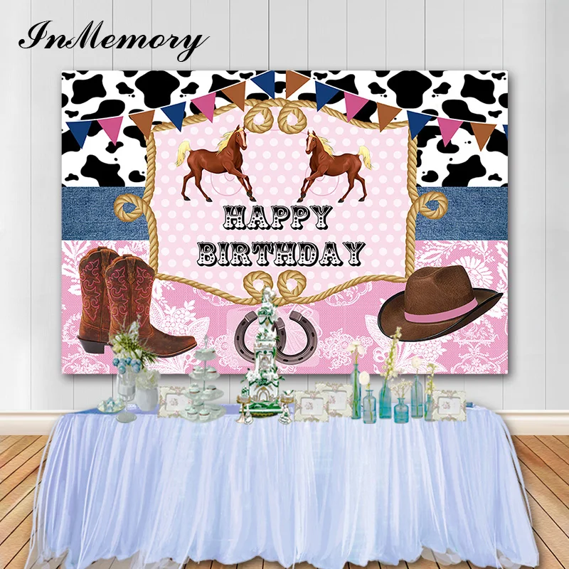 

InMemory Western Cowboy Birthday Backdrops Horse Pink Girl Birthday Party Photography Background Photo Booth Props Vinyl 7X5FT