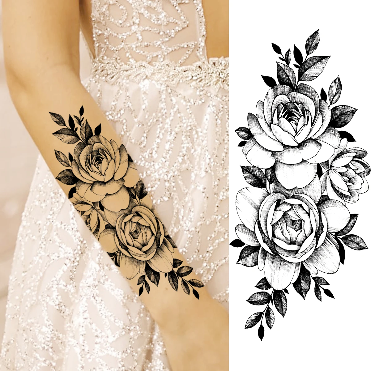 Realistische Rose Blume Temporäre Tattoos Für Frauen Erwachsene Mädchen Pfingstrose Mond Schmetterling Gefälschte Tattoo Body Art Wasserdicht Tatoos Aufkleber