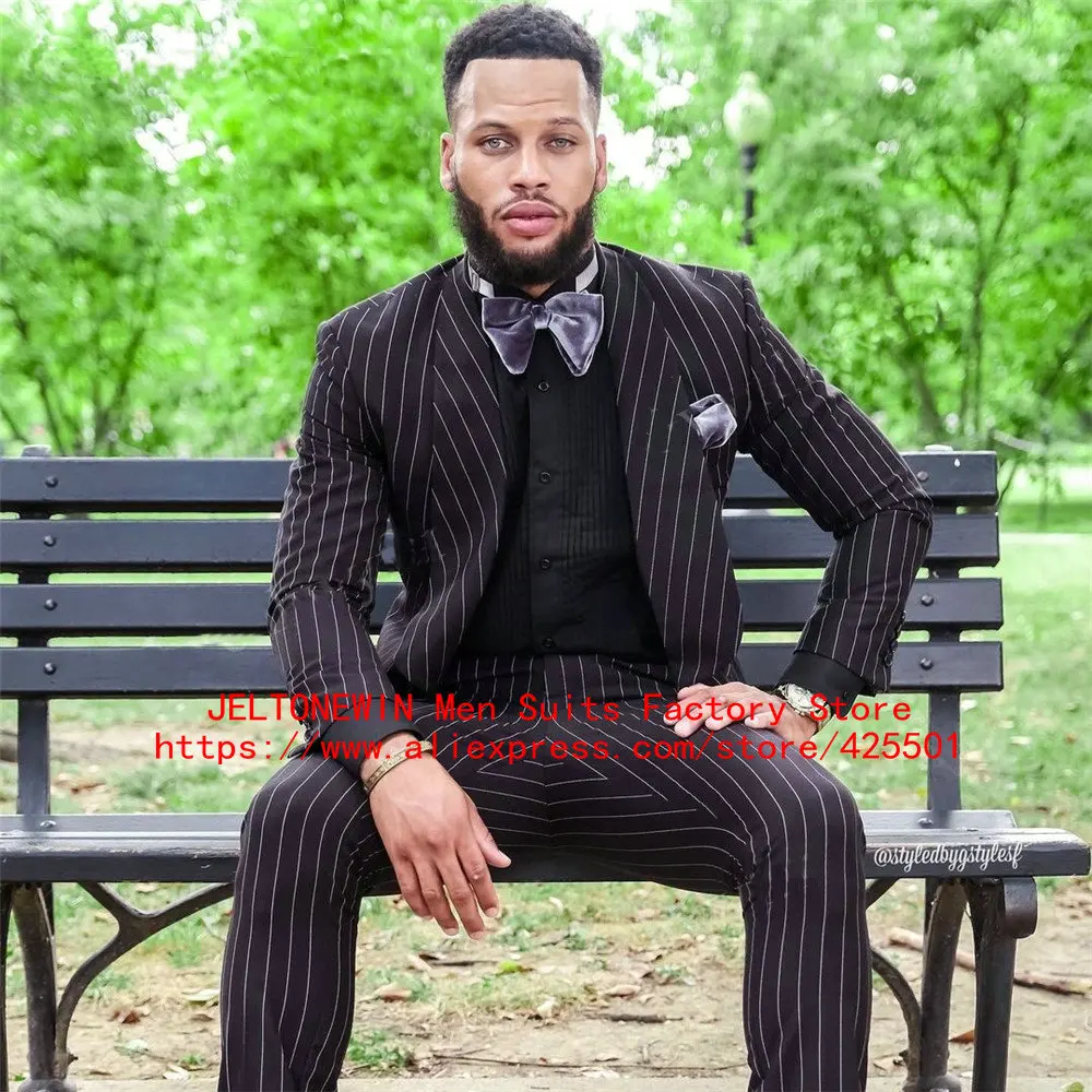 

Fashion Design Black Men's Striped Suit Slim Fit 2 Pieces Shawl Lapel Groomsmen Tuxedos Blazers For Wedding Suits(Jacket+Pants)