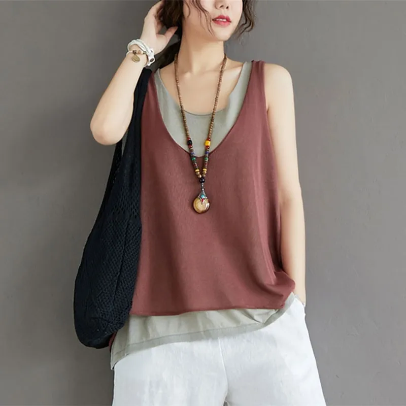 Fake 2 Piece Women Summer Casual Tank Tops New Arrival 2021 Simple Style V-neck Loose Comfortable Female Cotton Vests S3513