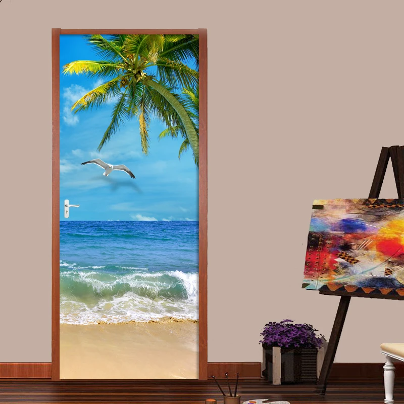 

3D Door Sticker Beautiful Seaside Landscape Wall Door Mural Living Room Bedroom Creative DIY Self-Adhesive PVC Vinyl Wallpaper