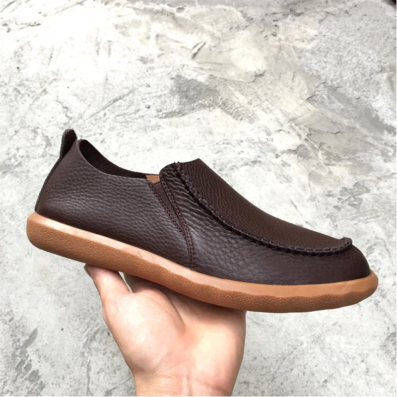 Vintage Men\'s Genuine Leather Casual Shoes Spring Soft Bottom Lazy Wear-Resisting Loafers Designer Ox Tendon Sole Driving Flats