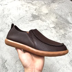 Vintage Men's Genuine Leather Casual Shoes Spring Soft Bottom Lazy Wear-Resisting Loafers Designer Ox Tendon Sole Driving Flats