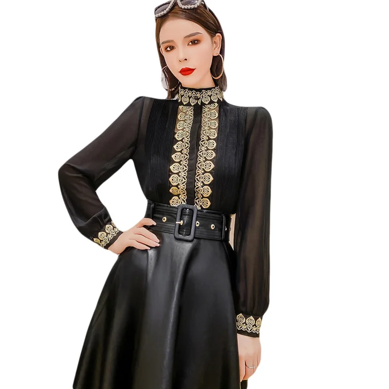 

Spring Black Long Sleeve Palace Style Vintage Shirts Camisole Inner Two Piece Fashion Lace Elegant Lace Temperament Shirts