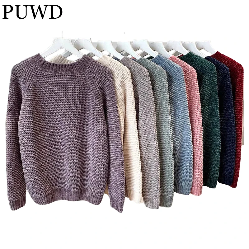 PUWD Casual Women Pure Color Chenille Knitted Sweater 2021 Autumn Winter Retro Comfortable Trend Streetwear Slim Female Pullover