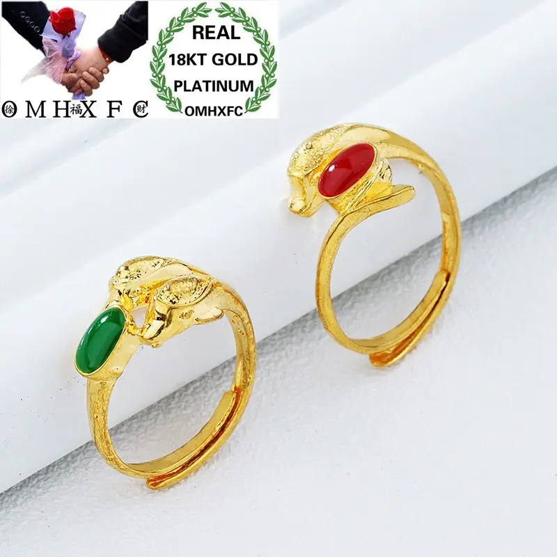 OMHXFC Wholesale European Fashion Woman Girl Party Birthday Wedding Gift Green Red Dolphin Oil Drip 18KT Real Gold Ring RI88