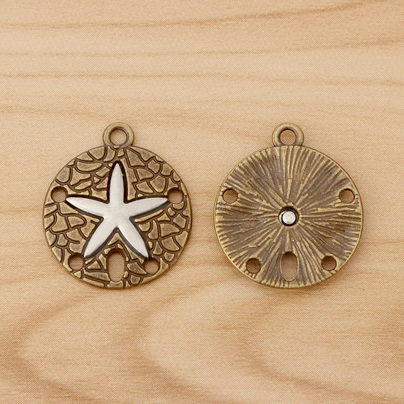 10 Pieces Tibetan Silver/Bronze/Gold Color Sand Dollar with Starfish Charms Pendants for Bracelet Necklace Jewellery Making