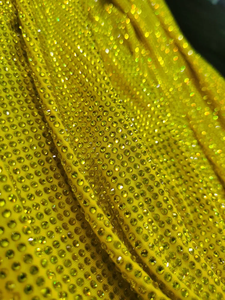 Yellow Crystal Fabic Glitter Hot Fix Crystal Rhinestone Glitter Iron On Sewing Fabric Polyester Spandex Stretch Rhinestone