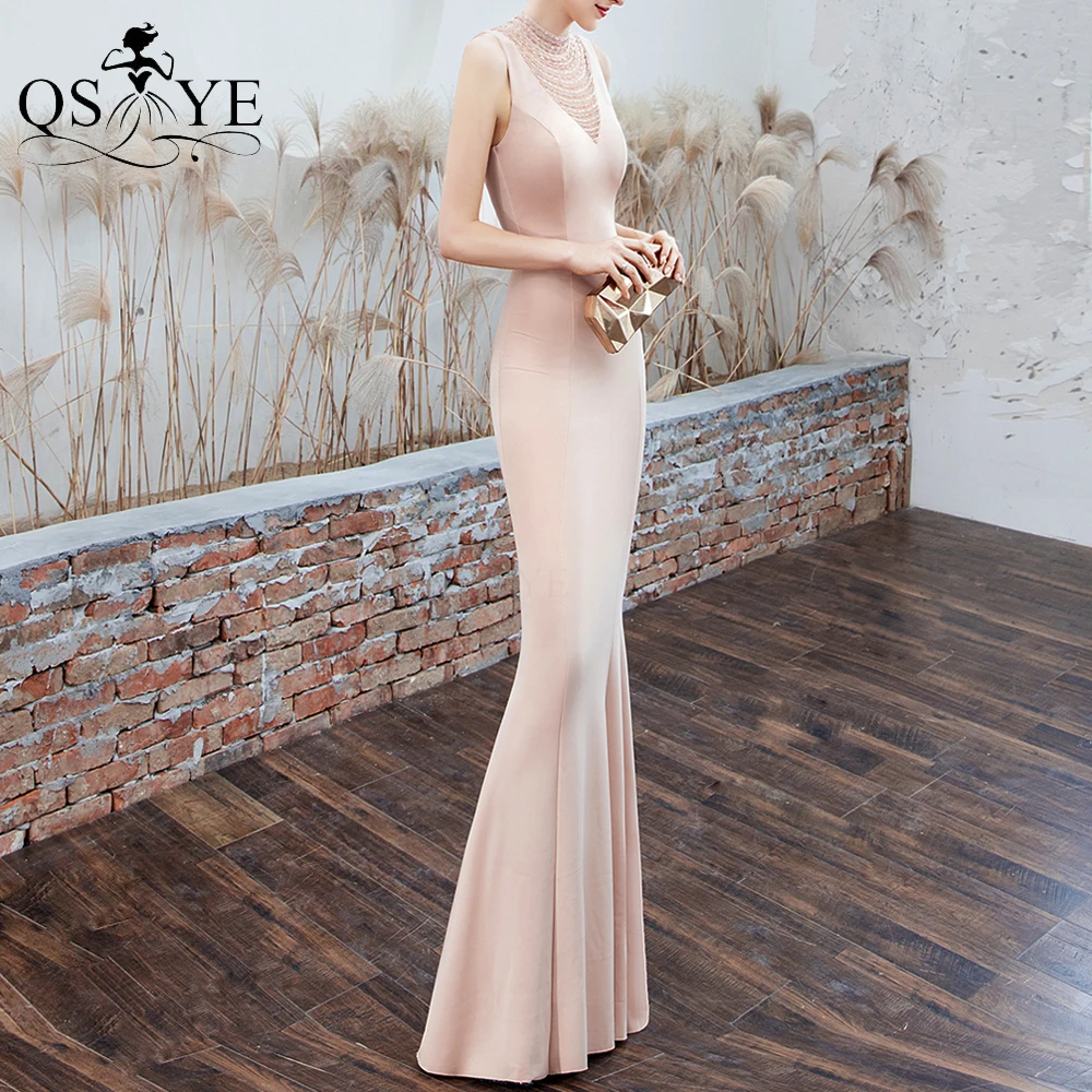 Champagne Avondjurken Mermaid Hoge Hals Kralen Prom Gown Stretch Fit Party Formele Gown Keyhole Back Vrouwen Vestido Mouwloze