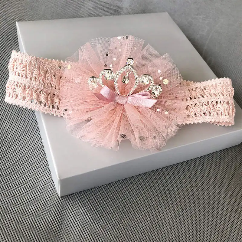 Balleenshiny Infant Child Hair Band Three-dimensional Alloy Rhinestone Crown Headdress Baby Girl Mesh Elastic Headband Turban