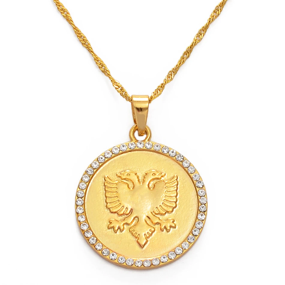 Anniyo 3cm Round Albania Eagle Pendant Necklace Gold Color Charms Metal Jewelry Traditional Albanian Ornaments  #231706