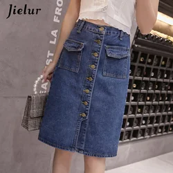 Jielur High Waist Denim Skirts Buttons Pockets Classic Jeans Skirt for Women S-5XL Size Fashion Korean Elegant Jupe Femme