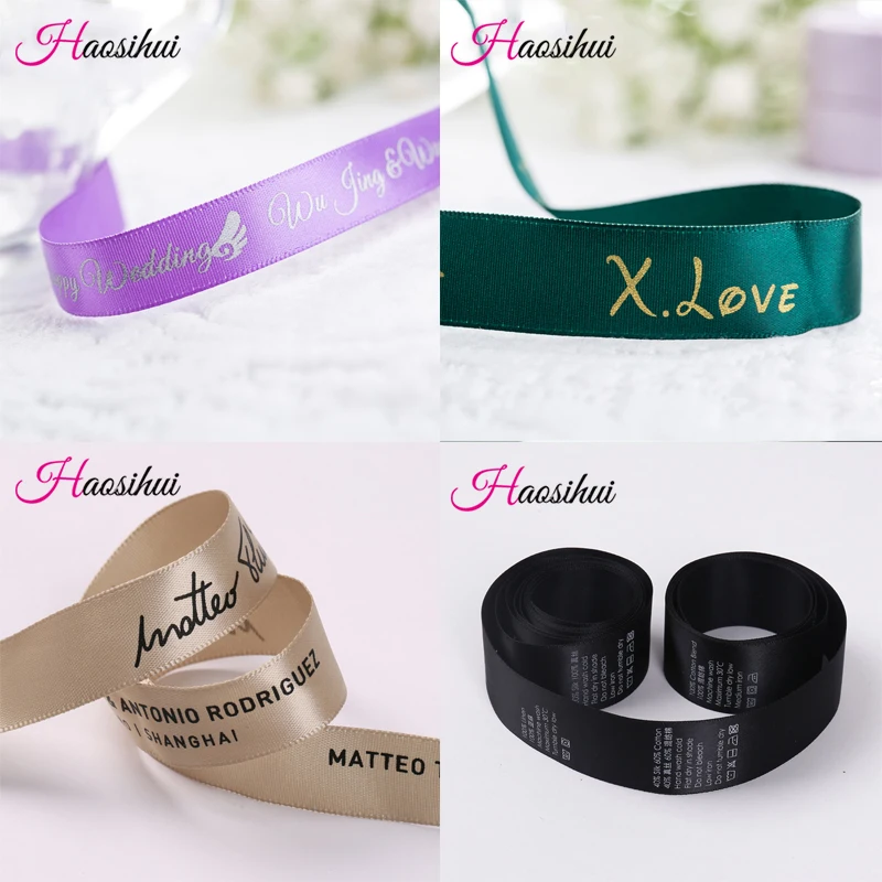 HAOSIHUI-Cinta de logotipo impresa personalizada, embalaje de regalo, decoración de poliéster satinado para boda, 6mm-100mm, 100 yardas/lote