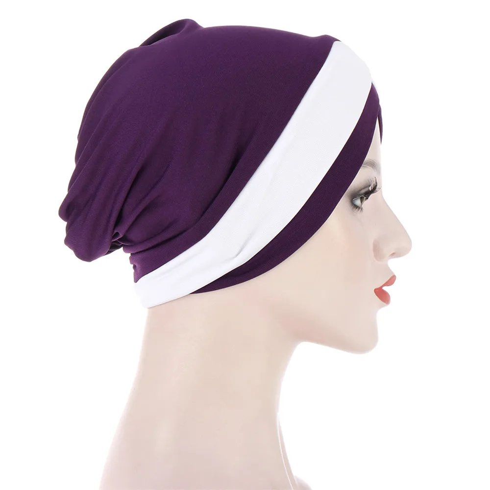 Women Stretchy Turban Hat Cross Head Wrap Hijab Cap Color Block Soft Headscarf Fashion Muslim Bonnet Hats Scarf High Quality