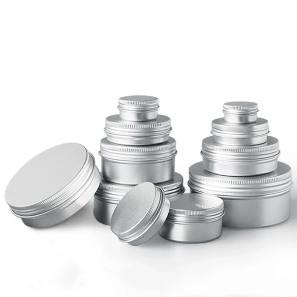 5ml-250ml Cosmetic Aluminum Cans Aluminum Boxes Silver Aluminum Tins Cans Screw Top Round Candle Spice Tins Cans Lid Containers