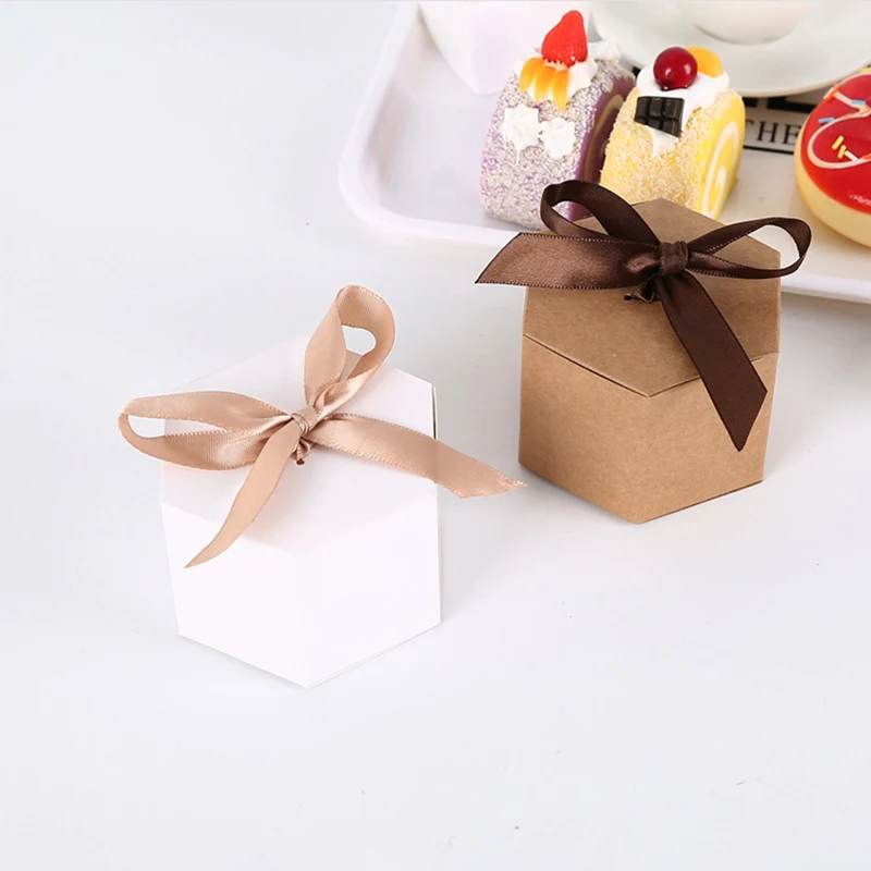 10pcs  Kraft Paper Biscuit Favor Gifts Boxes White Hexagon Packaging Cardboard Box Candy Bag New Year Valentine's Wedding Decor