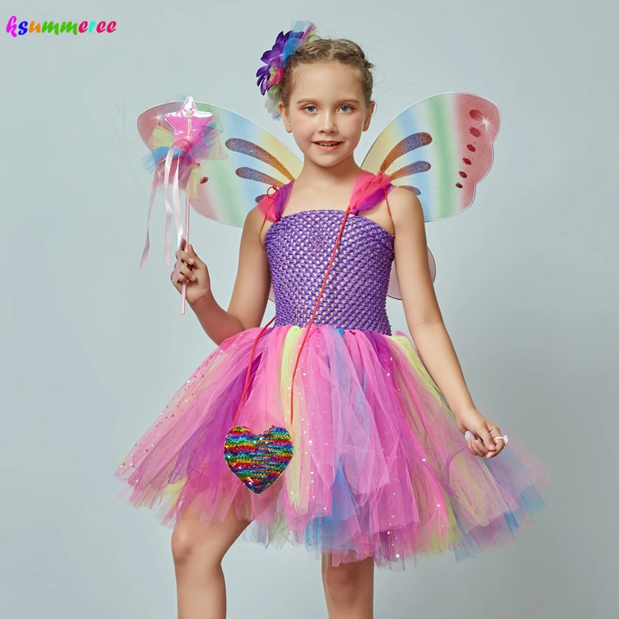 Girls Glitter Tutu Dress with Butterfly Wings & Fairy Wand Kids Rainbow Fairy Party Cosplay Costume Girls Rainbow Tulle Dress image 2