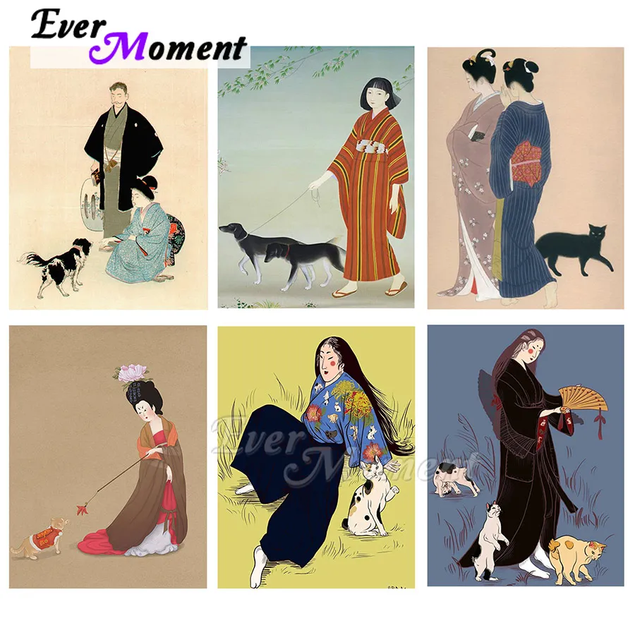 

Ever Moment Diamond Painting Embroidery Cross Stitch Japanese Style Pet Cat Dog Girl Fun Cool Gift Wall Decoration DIY ASF2337