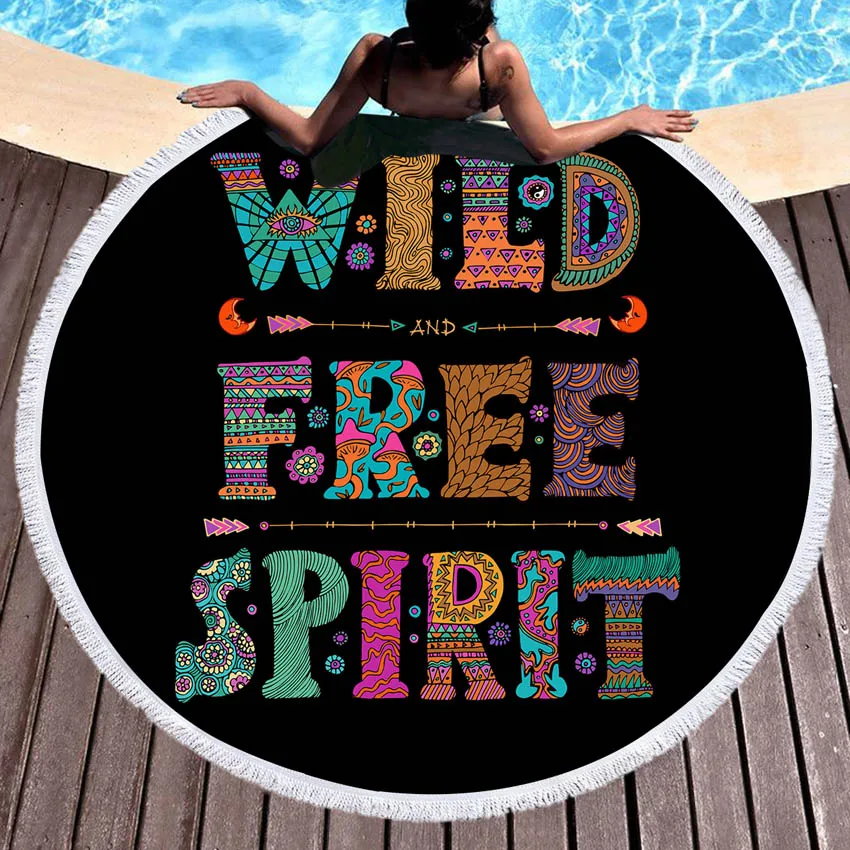 

Black Summer Round Beach Towel WILD FREE SPIRIT Letters Bath Shower Towels Tassels Picnic Yoga Mat Carpet serviette de plage