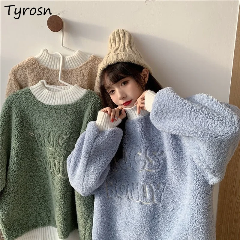 Letter Embroidery Fashion Sweatshirts Winter Thicken Hoodies Kawaii Lambswool Fluffy Vintage Loose Ulzzang Teenagers Casual Ins