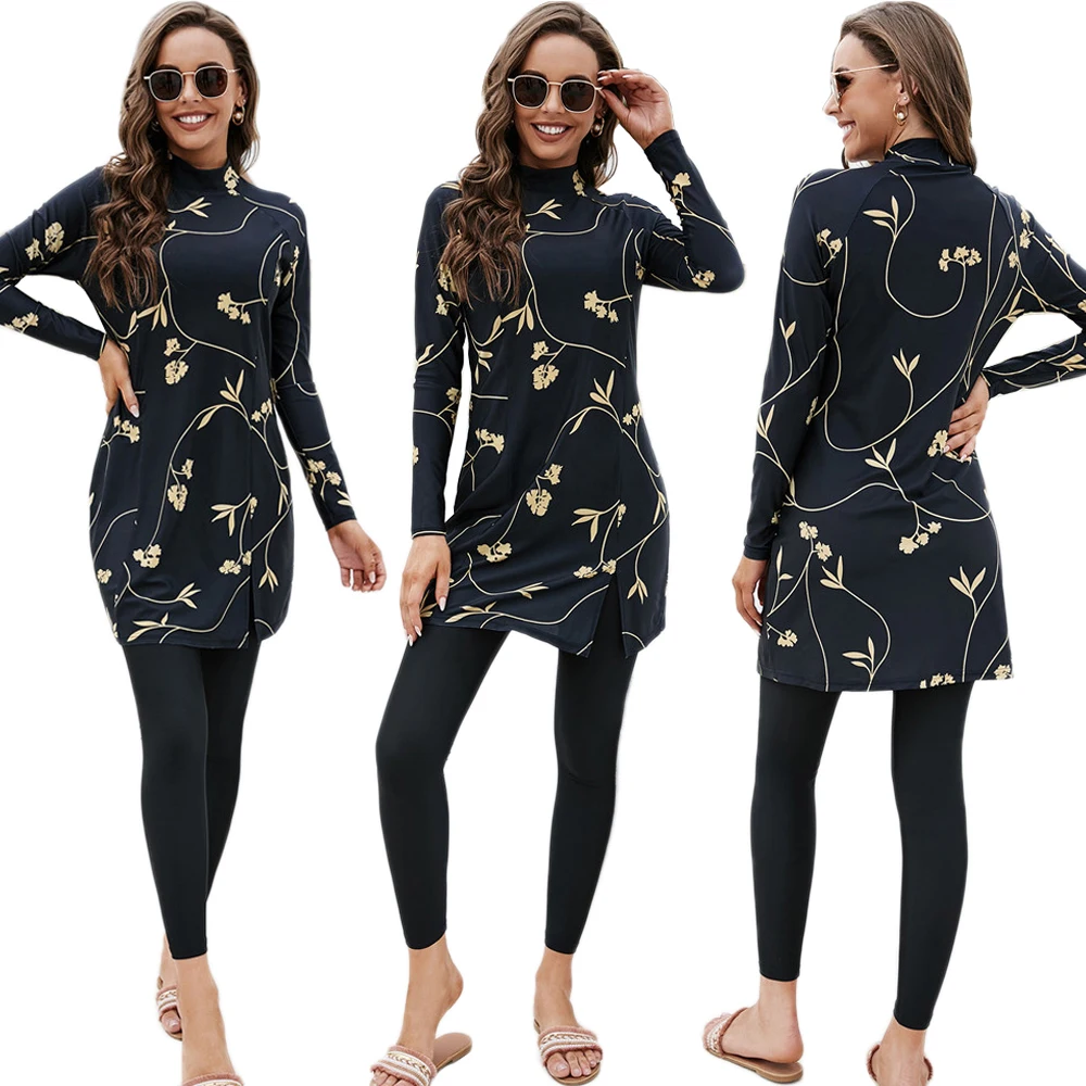 

Muslim Swimsuit Burkinis Summer Women Printing Conservative Full Cover Swimwear Two Pieces Set Long Sleeve Beach Bathing Suits